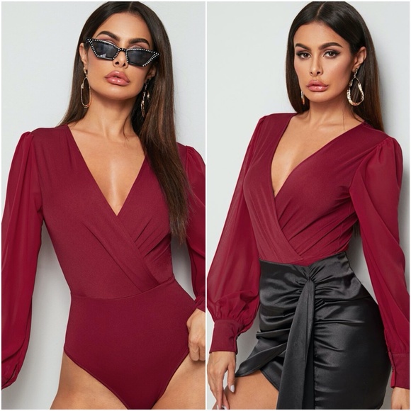 Tops - burgundy vneck overlap wide sleeve bodysuit